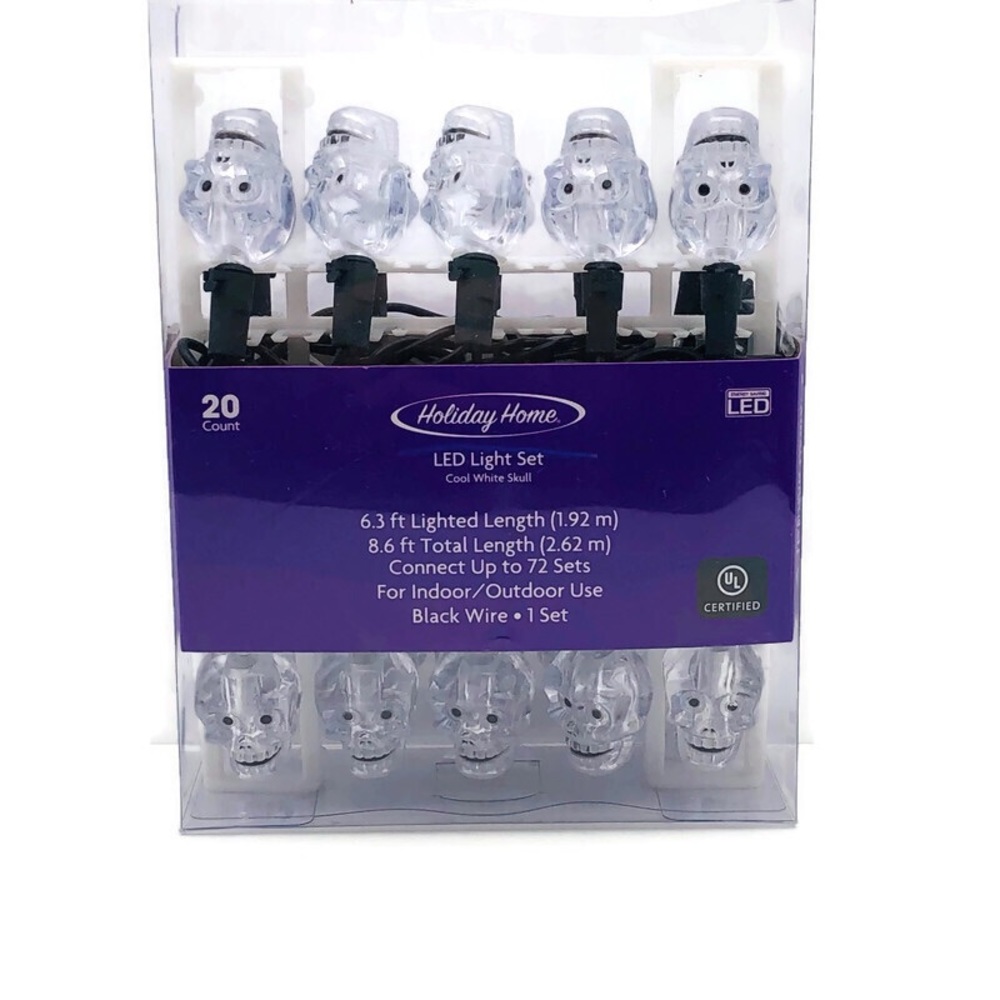 Skull 20 Count String Lights LED Halloween 8 Foot Black Wire New in Box …